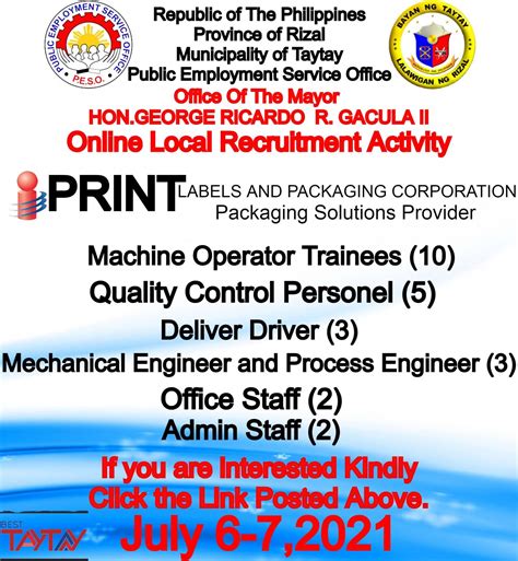 urgent job hiring in taytay rizal|Jobs in Taytay Rizal .